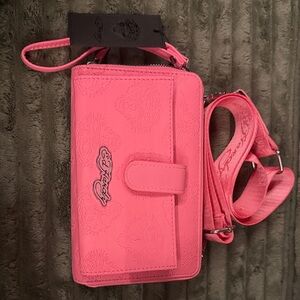Ed Hardy Hot Pink Embossed Crossbody Wallet Bag